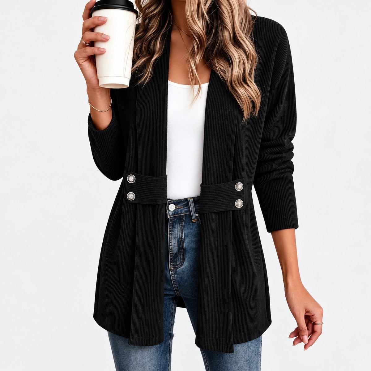 Marilyn Relaxed Fit Ribbed Jacket, Waist Tabs — Black | Hudson & Wells