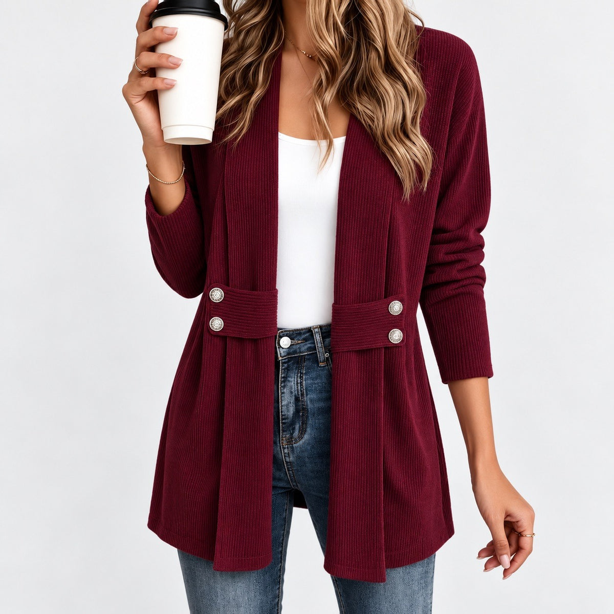 Marilyn Relaxed Fit Ribbed Jacket, Waist Tabs — Burgundy | Hudson & Wells