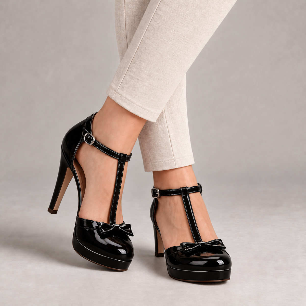 Marjorie Secure T-Strap Platform Pumps — Black | Hudson & Wells