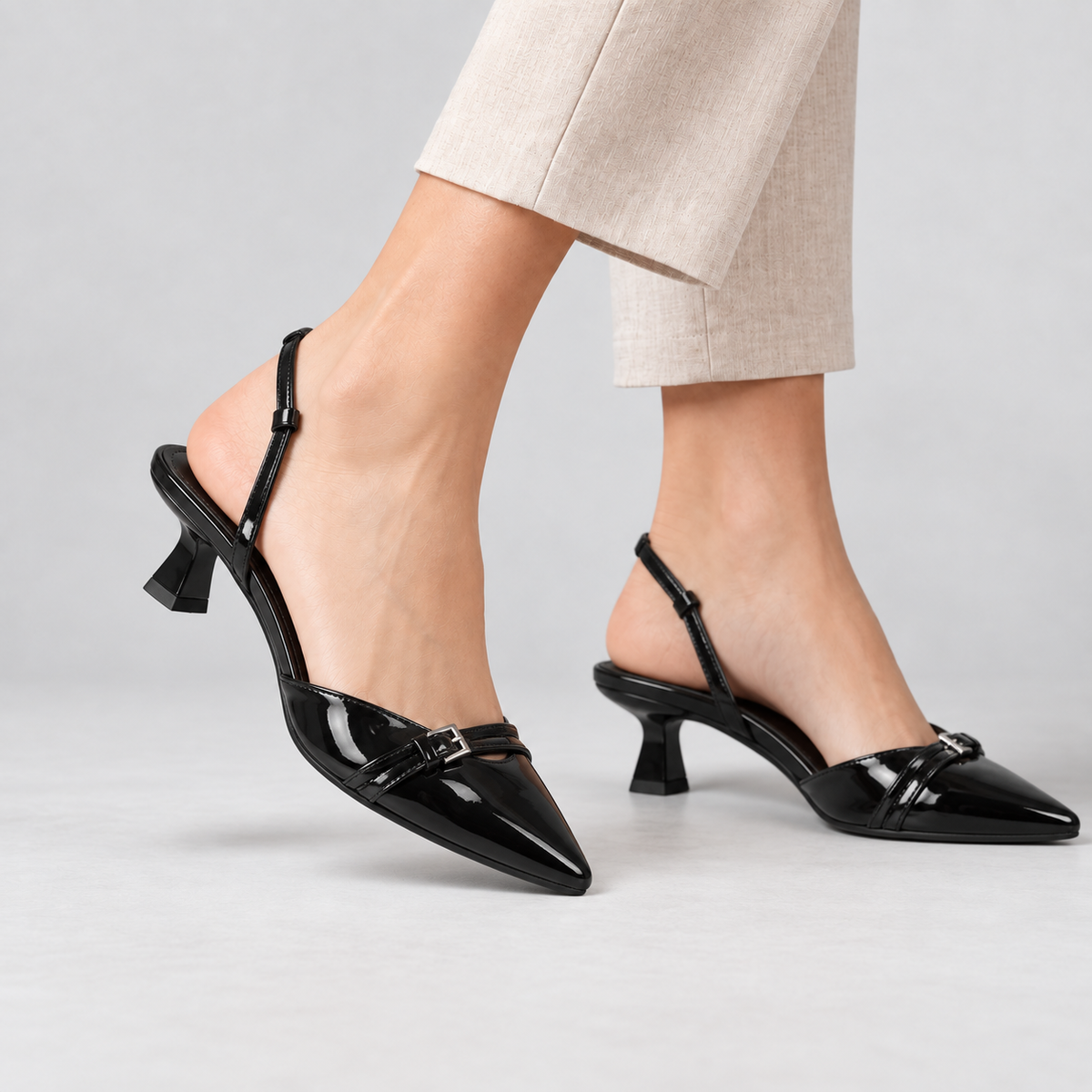 Miles Buckle Slingback Stretch Glossy Slingback Kitten Heels | Hudson & Wells