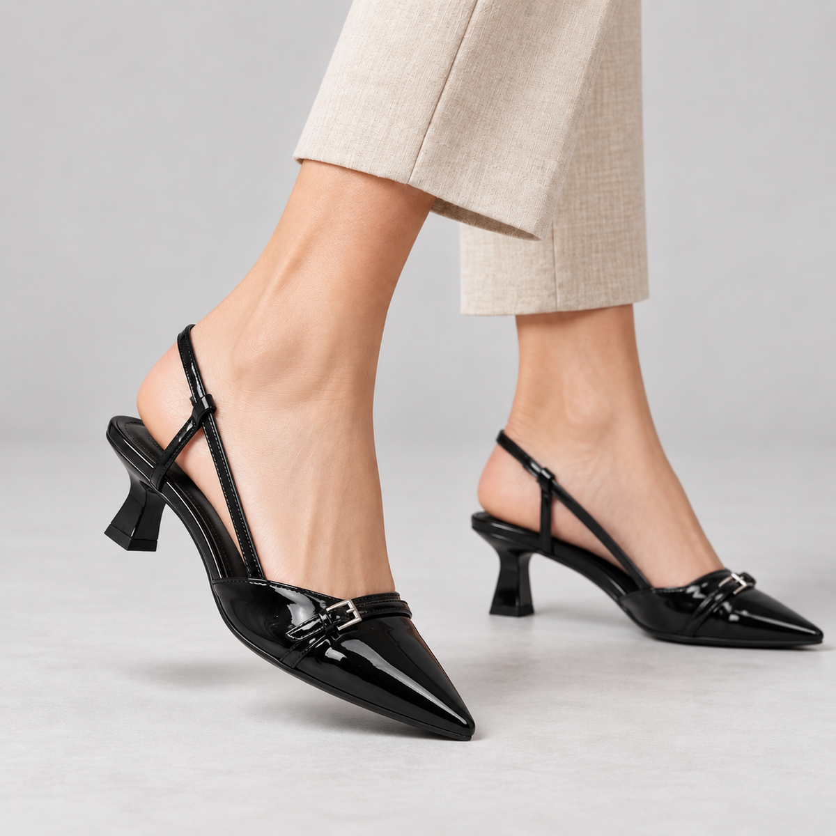 Miles Buckle Slingback Stretch Glossy Slingback Kitten Heels | Hudson & Wells