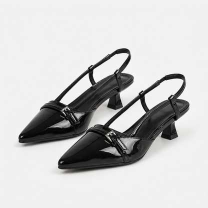 Miles Buckle Slingback Stretch Glossy Slingback Kitten Heels | Hudson & Wells