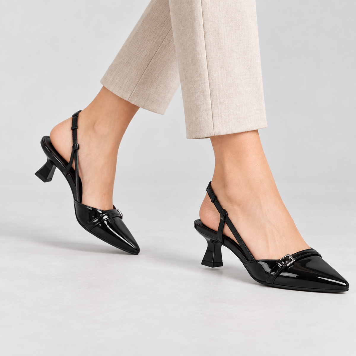Miles Buckle Slingback Stretch Glossy Slingback Kitten Heels | Hudson & Wells