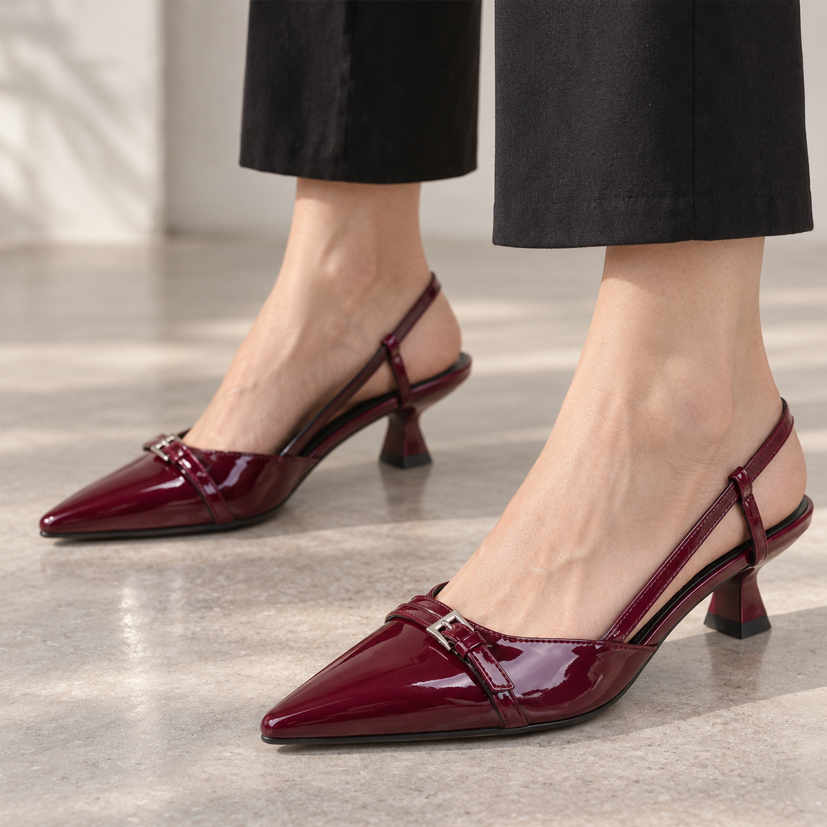 Miles Buckle Slingback Stretch Glossy Slingback Kitten Heels | Hudson & Wells