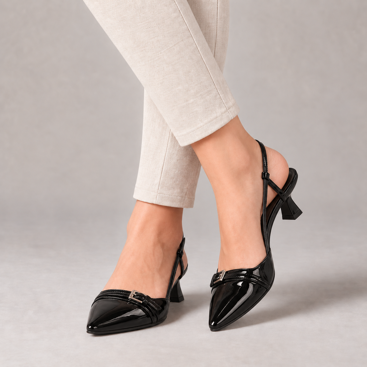 Miles Buckle Slingback Stretch Glossy Slingback Kitten Heels — Black | Hudson & Wells