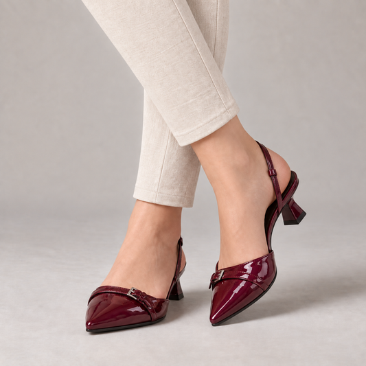 Miles Buckle Slingback Stretch Glossy Slingback Kitten Heels — Red | Hudson & Wells