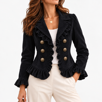 Minerva Stretch Ruffle-Trim Jacket, Cropped — Black | Hudson & Wells
