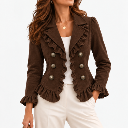 Minerva Stretch Ruffle-Trim Jacket, Cropped — Coffee | Hudson & Wells