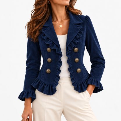 Minerva Stretch Ruffle-Trim Jacket, Cropped — Navy | Hudson & Wells