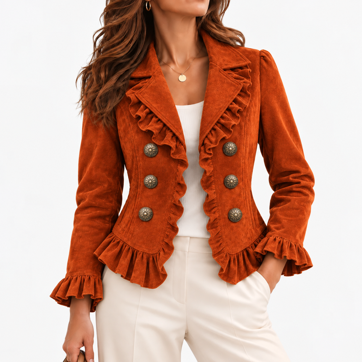 Minerva Stretch Ruffle-Trim Jacket, Cropped — Orange | Hudson & Wells