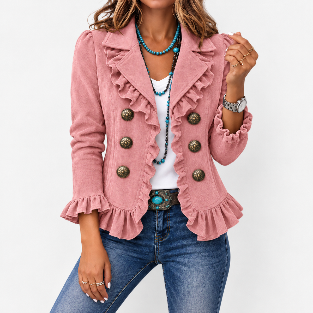 Minerva Stretch Ruffle-Trim Jacket, Cropped — Pink | Hudson & Wells