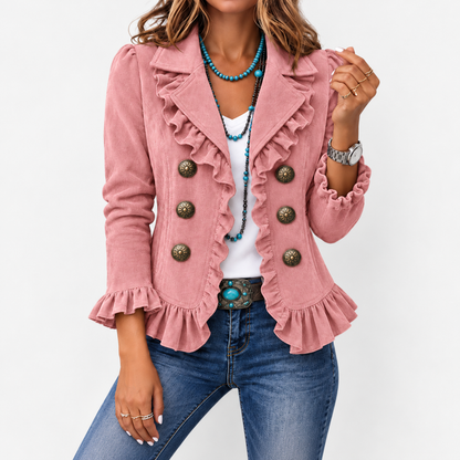 Minerva Stretch Ruffle-Trim Jacket, Cropped — Pink | Hudson & Wells