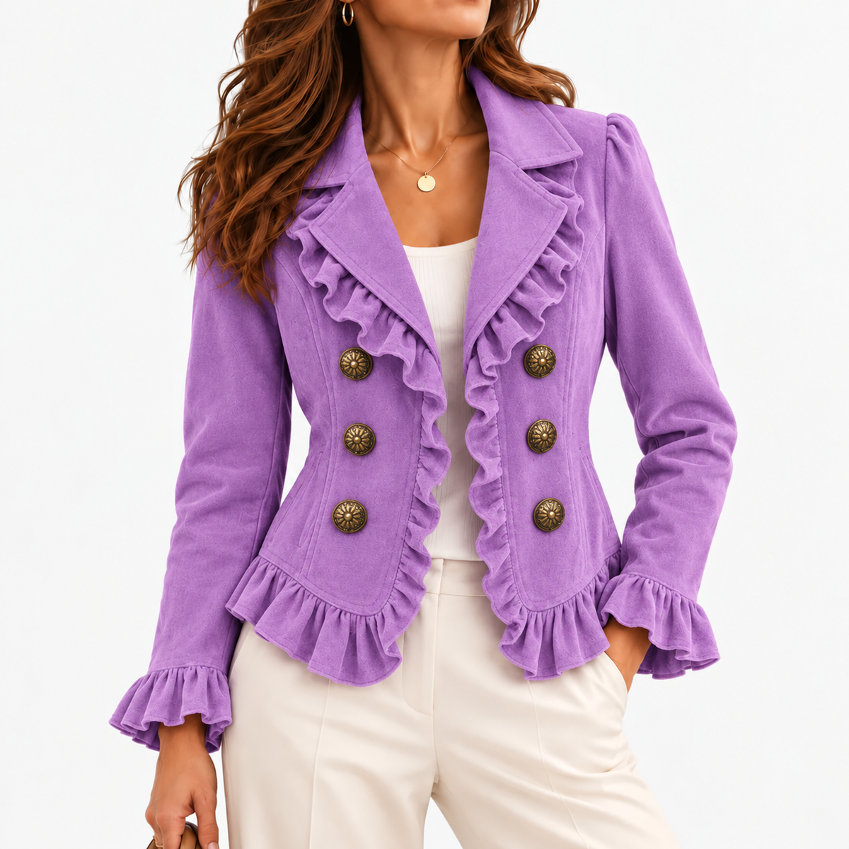 Minerva Stretch Ruffle-Trim Jacket, Cropped — Purple | Hudson & Wells