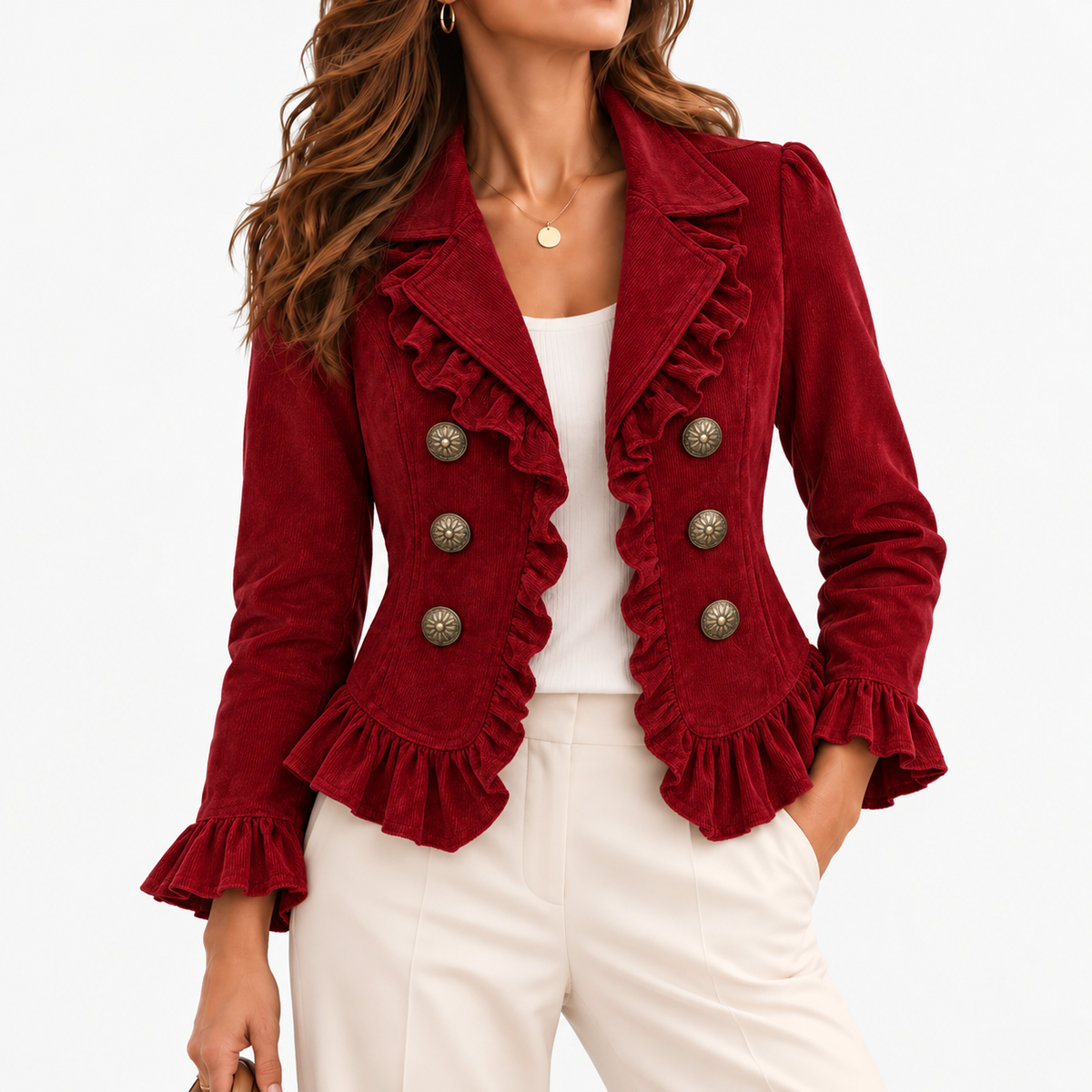 Minerva Stretch Ruffle-Trim Jacket, Cropped — Red | Hudson & Wells