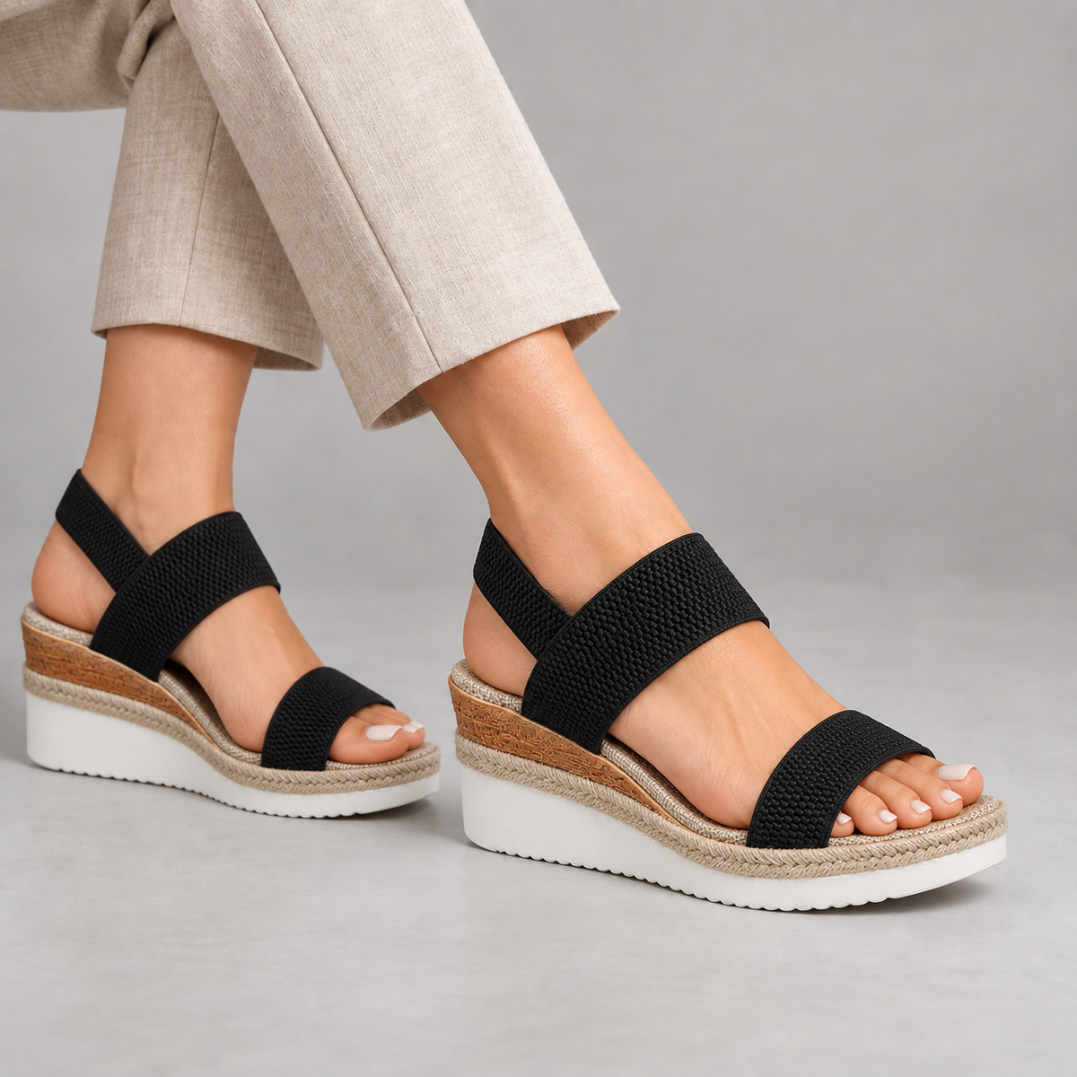 Molly Comfort Elastic Wedge Sandals — Black | Hudson & Wells