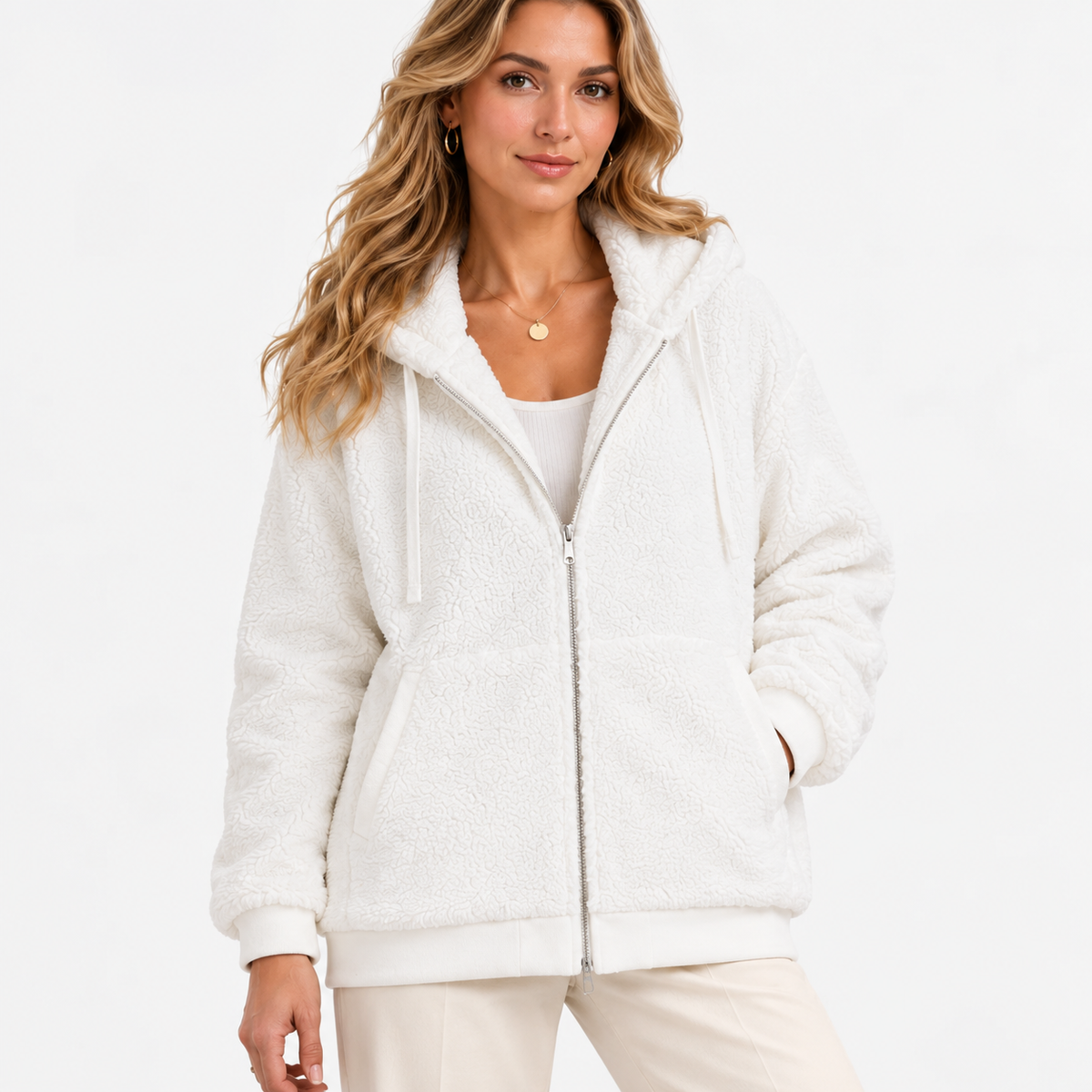 Myrna Relaxed Fit Hooded Zip Jacket — White | Hudson & Wells