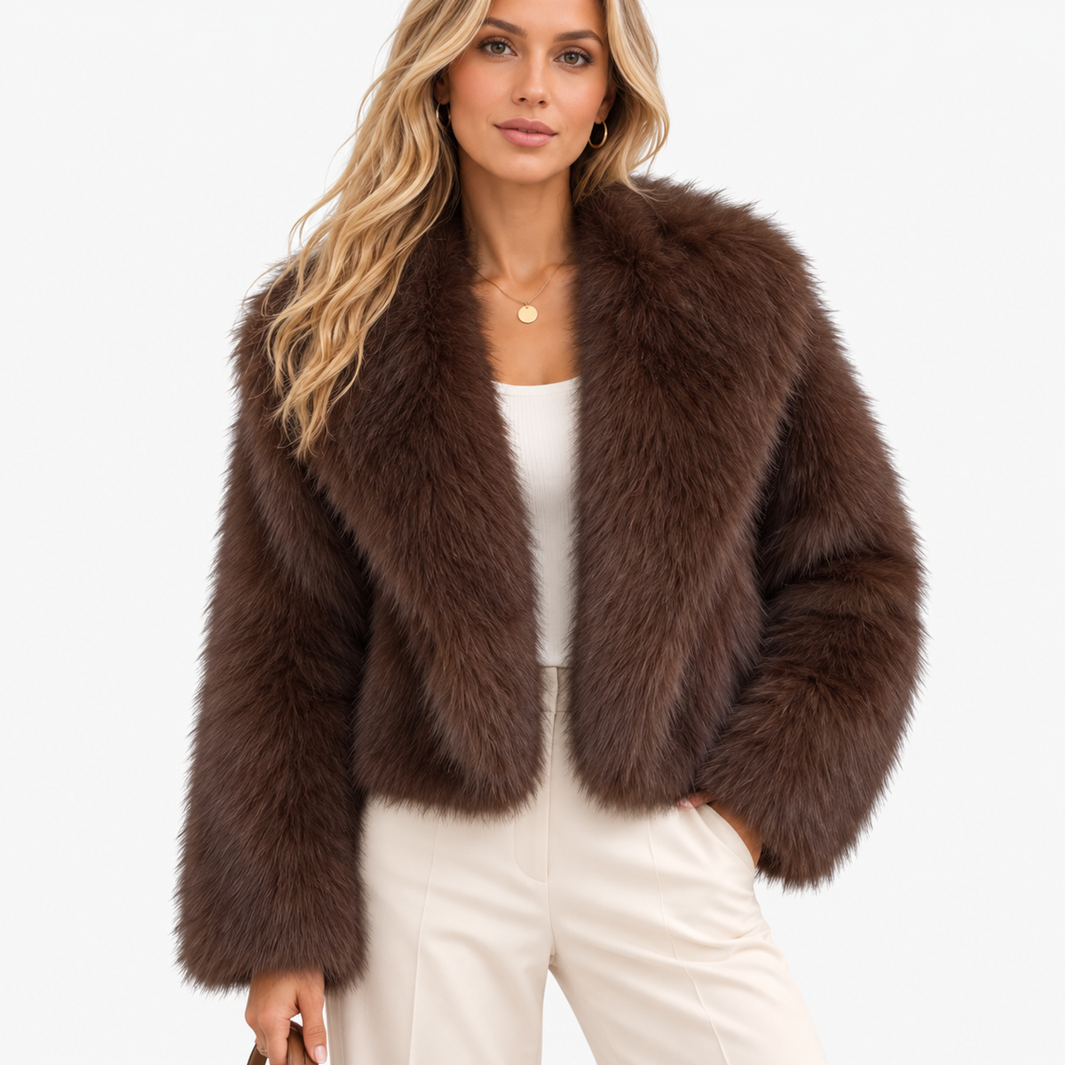 Myrtle Comfort Plush Cropped Jacket, Wide Lapels — Dark Brown | Hudson & Wells