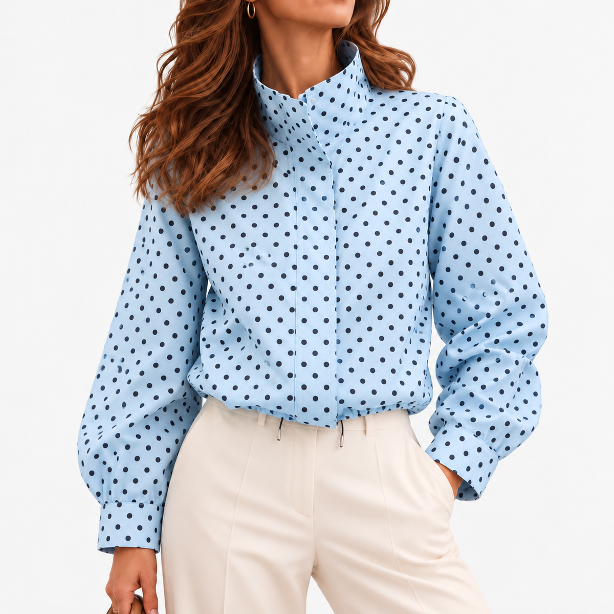 Nola Relaxed Fit Stand-Collar Blouse, Polka Dot — Blue | Hudson & Wells