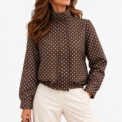 Nola Relaxed Fit Stand-Collar Blouse, Polka Dot — Coffee | Hudson & Wells