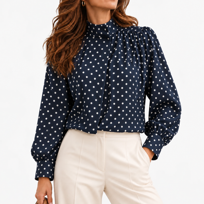 Nola Relaxed Fit Stand-Collar Blouse, Polka Dot — Navy | Hudson & Wells