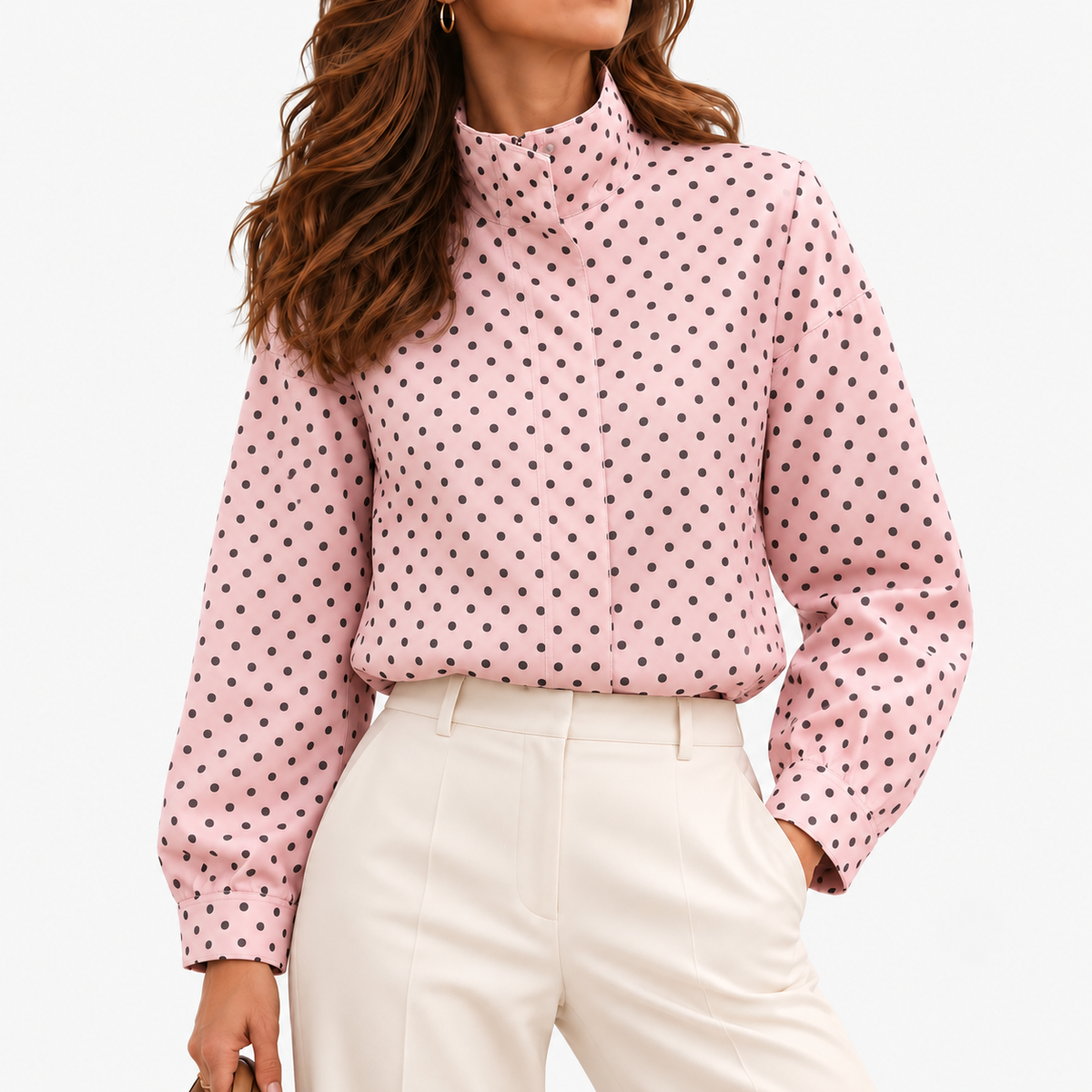 Nola Relaxed Fit Stand-Collar Blouse, Polka Dot — Pink / Red | Hudson & Wells