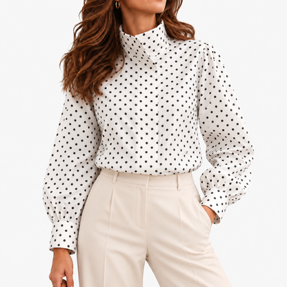 Nola Relaxed Fit Stand-Collar Blouse, Polka Dot — White | Hudson & Wells