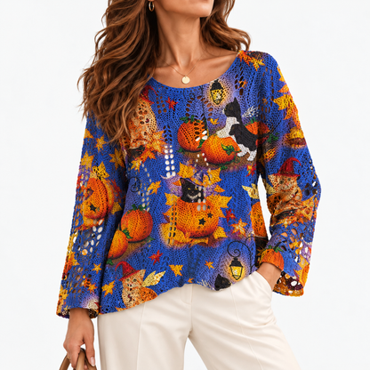 Noreen Stretch Halloween Knit Top — Blue | Hudson & Wells