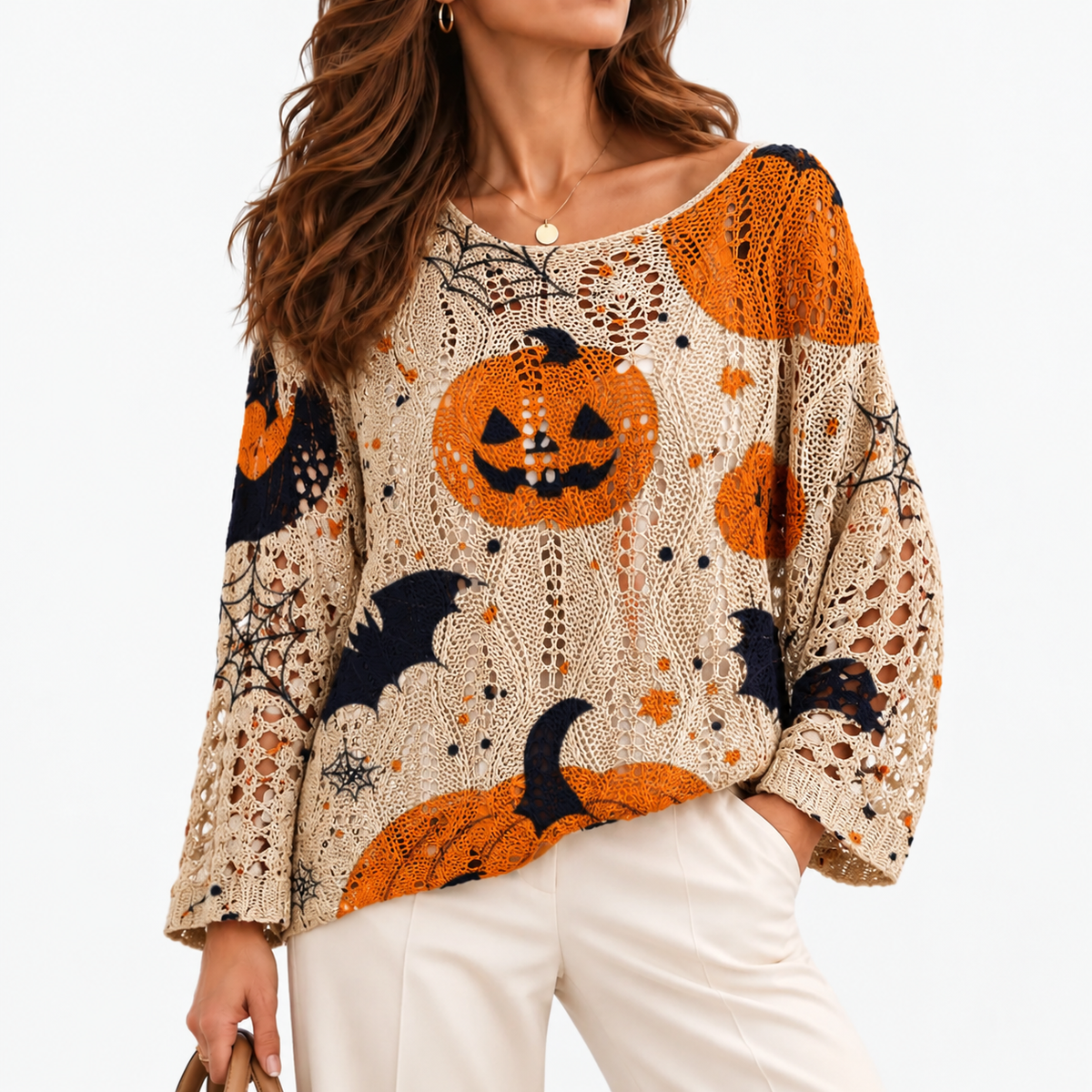 Noreen Stretch Halloween Knit Top — Khaki | Hudson & Wells