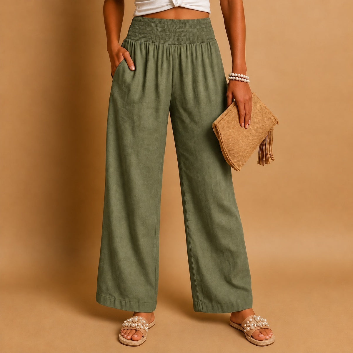 Opal Lightweight Wide Leg Pants — Army Green | Hudson & Wells