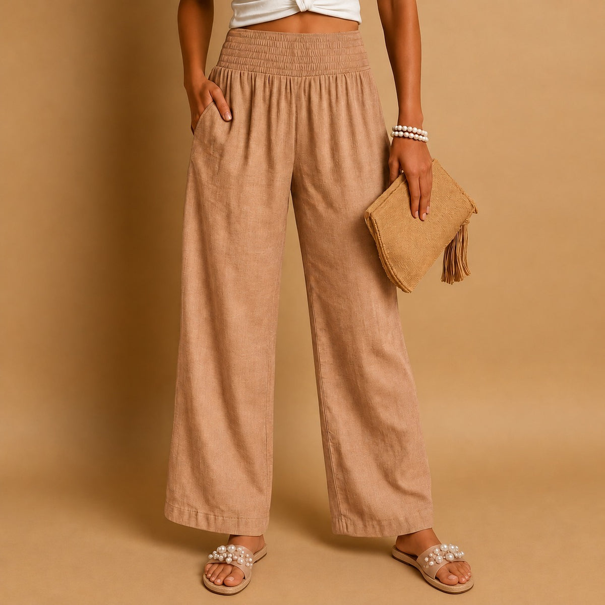 Opal Lightweight Wide Leg Pants — Light Brown | Hudson & Wells