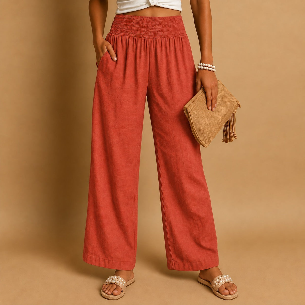 Opal Lightweight Wide Leg Pants — Orange / Red | Hudson & Wells