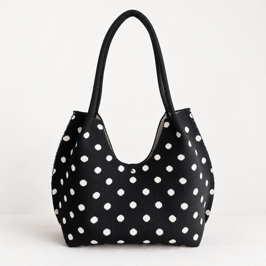Polly Stretch Shoulder Bag, Polka Dot Pattern — Black | Hudson & Wells