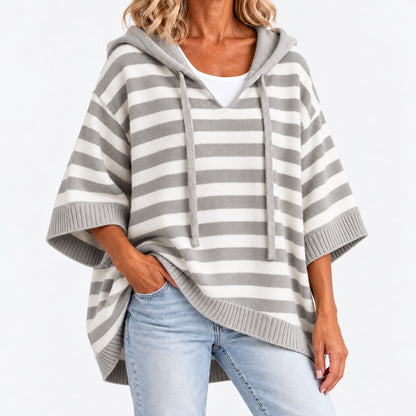 Rhoda Striped Wide-Sleeve Hooded Poncho — Gray / Stripe | Hudson & Wells