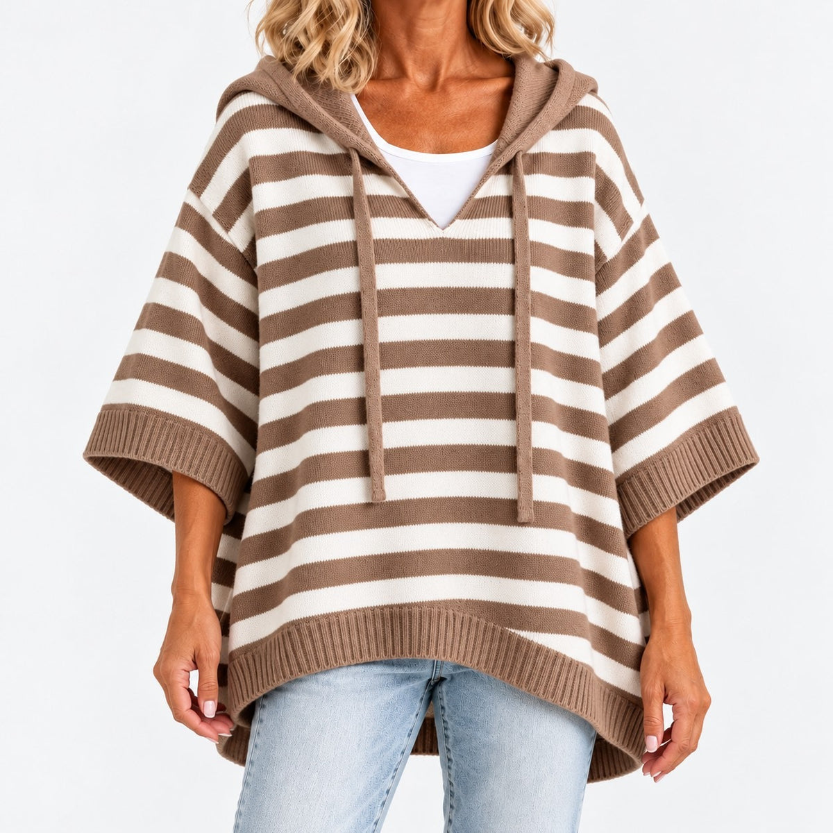 Rhoda Striped Wide-Sleeve Hooded Poncho — Khaki / Stripe | Hudson & Wells