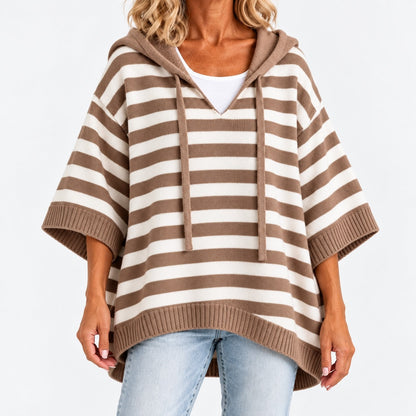 Rhoda Striped Wide-Sleeve Hooded Poncho — Khaki / Stripe | Hudson & Wells