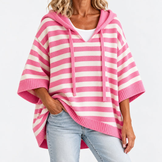 Rhoda Striped Wide-Sleeve Hooded Poncho — Pink / Stripe | Hudson & Wells