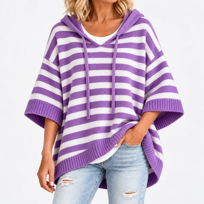 Rhoda Striped Wide-Sleeve Hooded Poncho — Purple / Stripe | Hudson & Wells