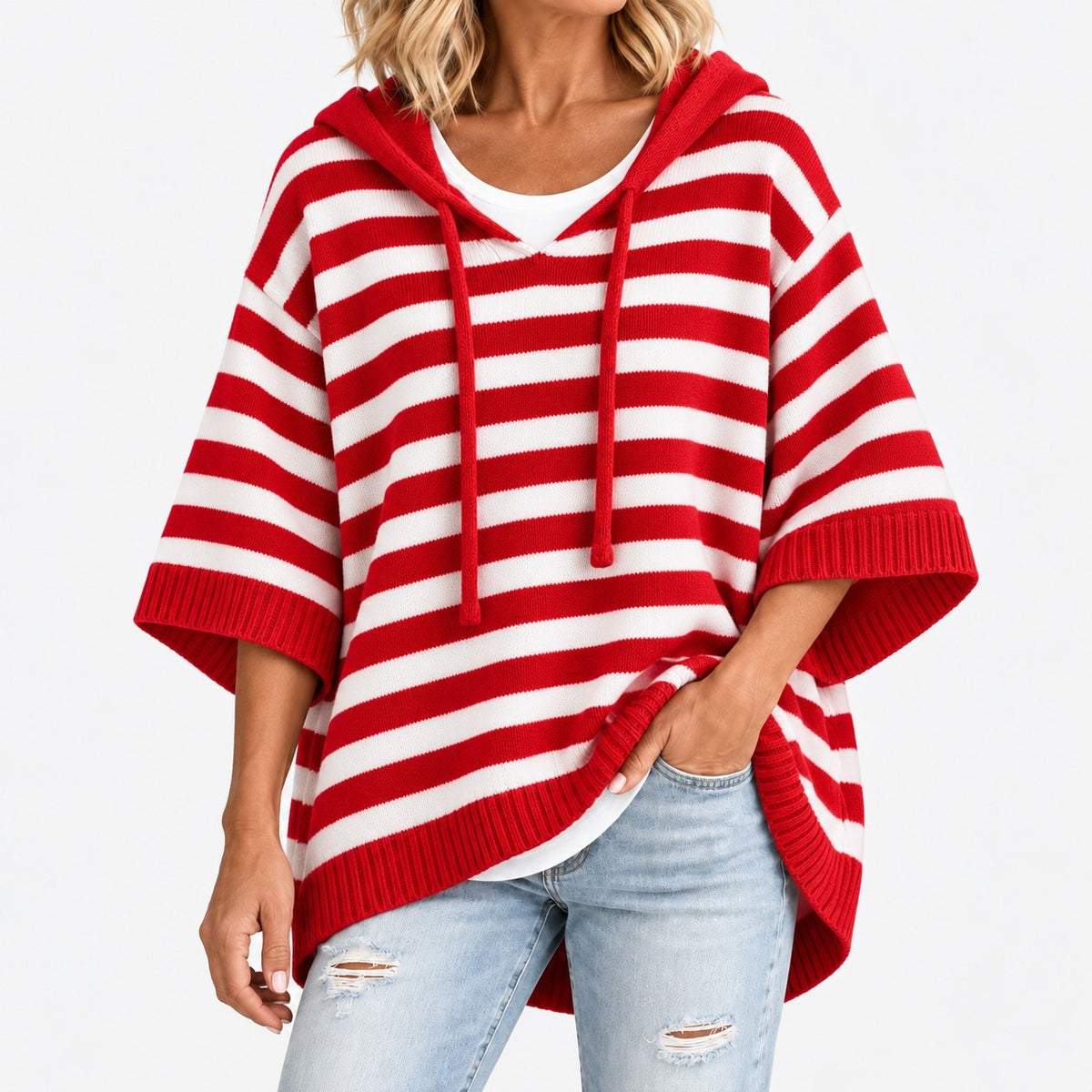 Rhoda Striped Wide-Sleeve Hooded Poncho — Red / Stripe | Hudson & Wells