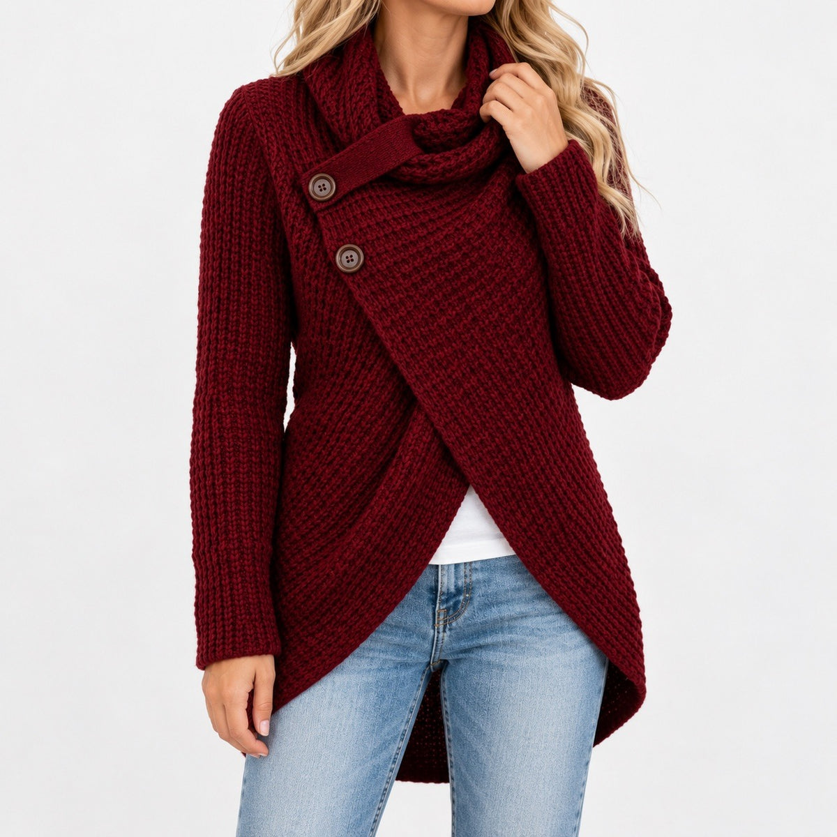 Roberta Cowl Collar Wrap Cardigan — Burgundy (2 ) | Hudson & Wells