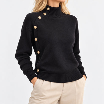 Rosa Mock Neck Sweater, Asymmetric Buttons — Black | Hudson & Wells