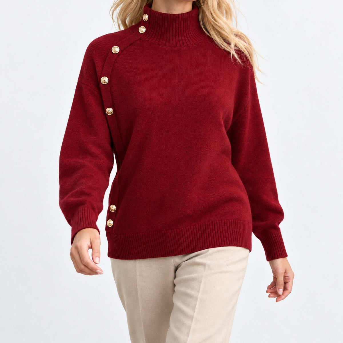 Rosa Mock Neck Sweater, Asymmetric Buttons — Burgundy | Hudson & Wells