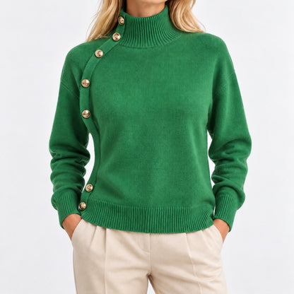 Rosa Mock Neck Sweater, Asymmetric Buttons — Green | Hudson & Wells