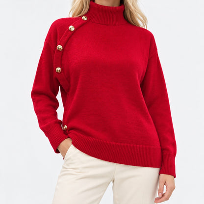 Rosa Mock Neck Sweater, Asymmetric Buttons — Red | Hudson & Wells