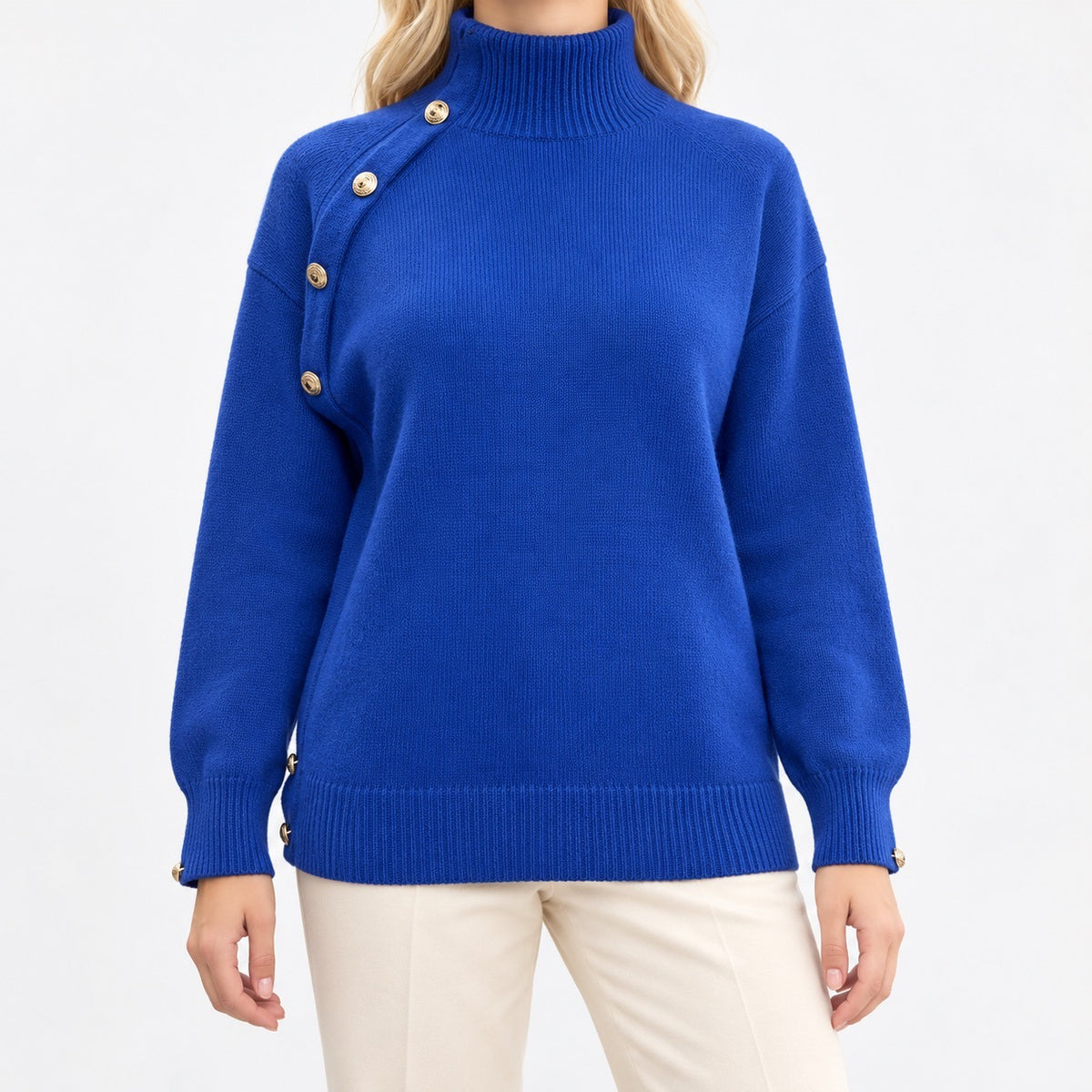 Rosa Mock Neck Sweater, Asymmetric Buttons — Royal Blue | Hudson & Wells