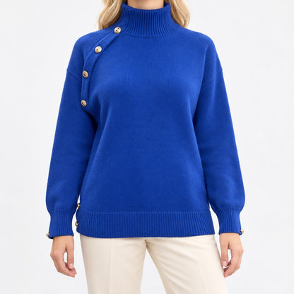 Rosa Mock Neck Sweater, Asymmetric Buttons — Royal Blue | Hudson & Wells