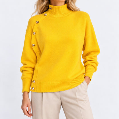 Rosa Mock Neck Sweater, Asymmetric Buttons — Yellow | Hudson & Wells