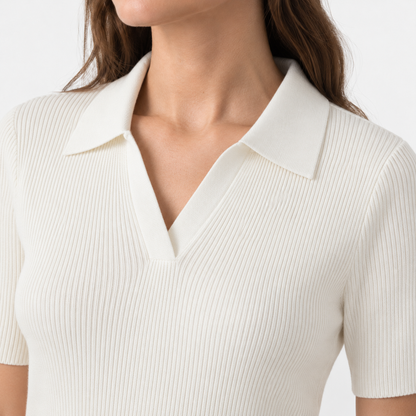 Rosemary Comfort Polo Shirt, Ribbed V-Neck | Hudson & Wells