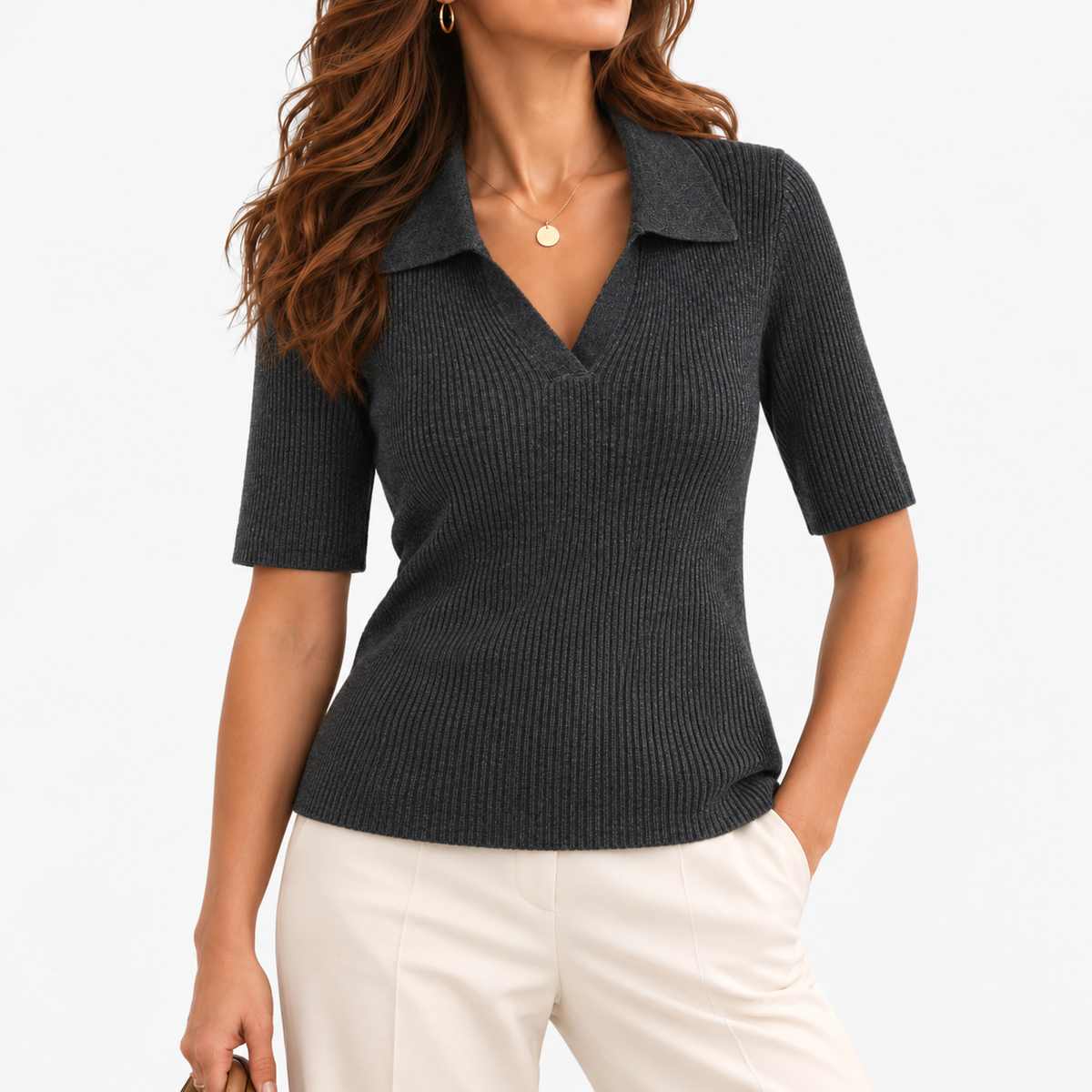Rosemary Comfort Polo Shirt, Ribbed V-Neck — Gray | Hudson & Wells