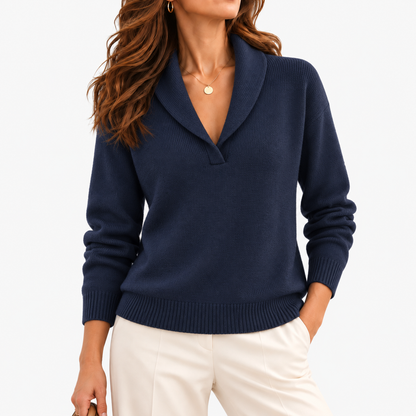 Rowena Relaxed Fit Shawl-Collar V-Neck Sweater — Navy | Hudson & Wells