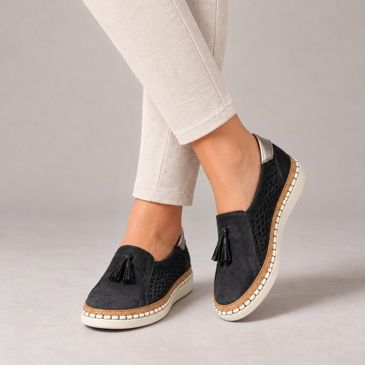 Sadie Stretch Tassel Loafers — Black | Hudson & Wells
